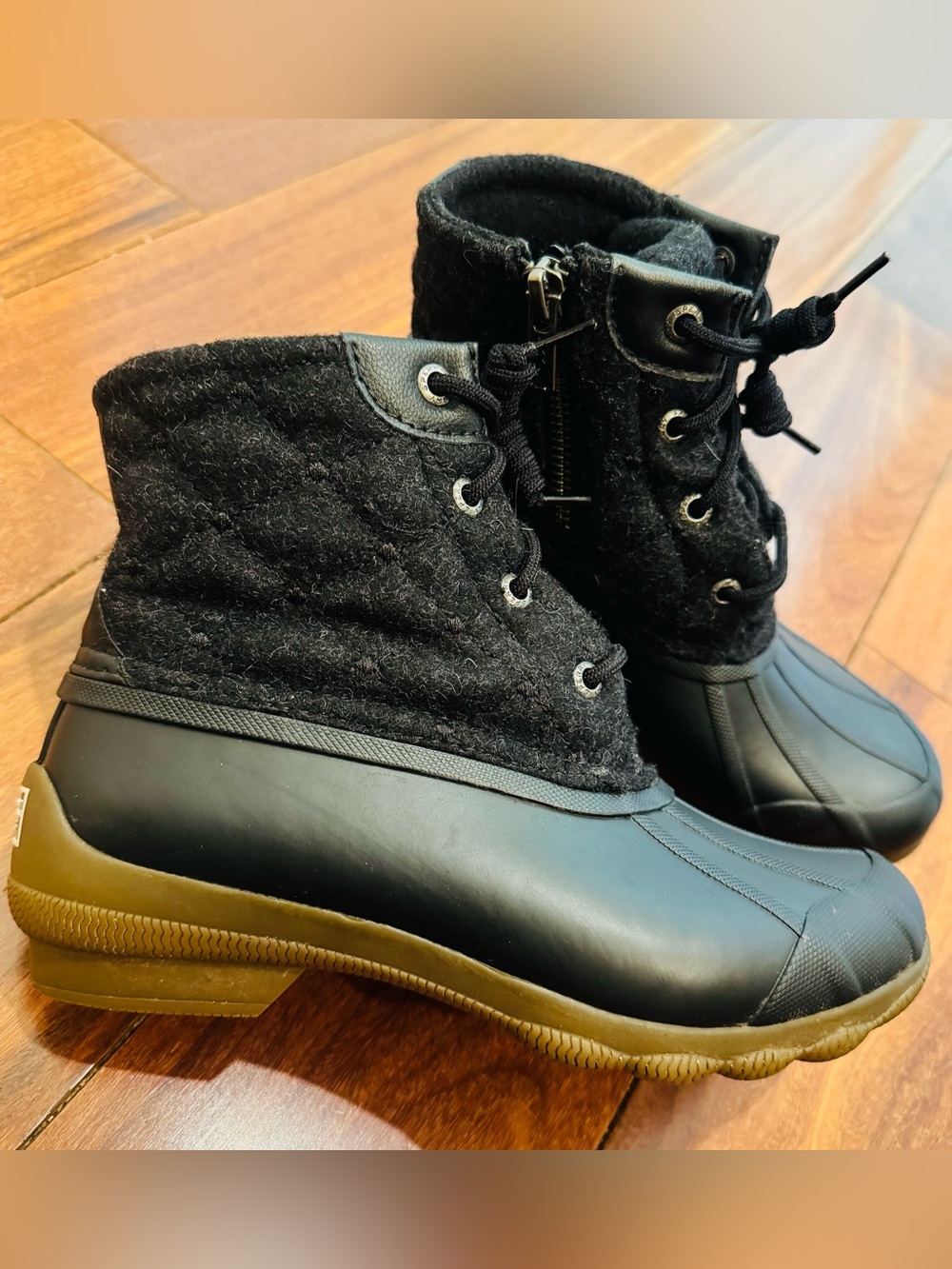 Sperry Duck Boots Women’s 5 Black Wool Lace Up Side Zip Waterproof Ankle